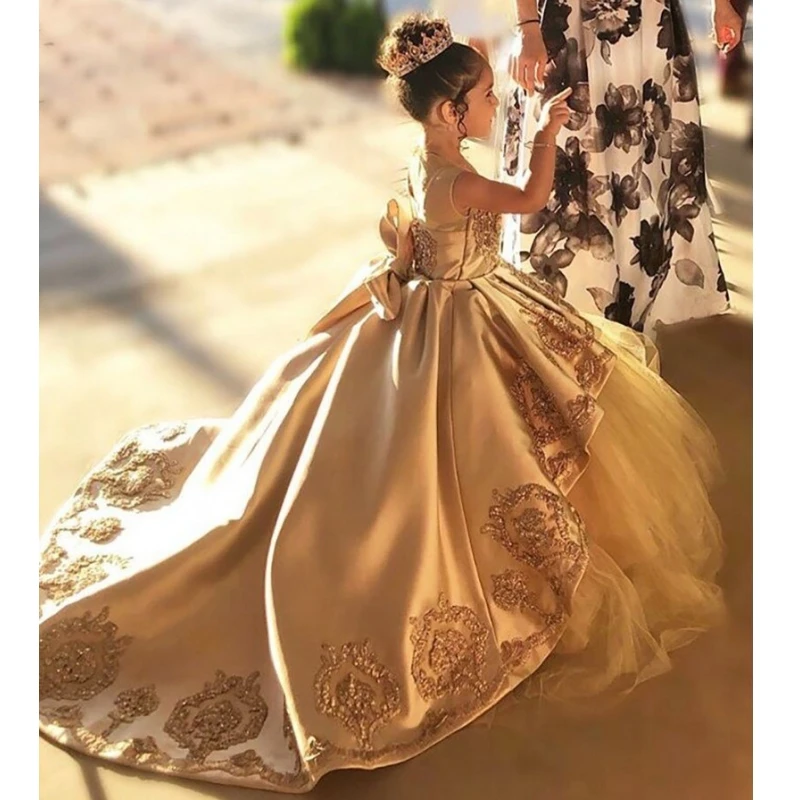 Vestidos florais dourados com grande arco, cetim, tule, flores padrão, sem mangas, casamento, festa de aniversário, banquete, vestidos de princesa