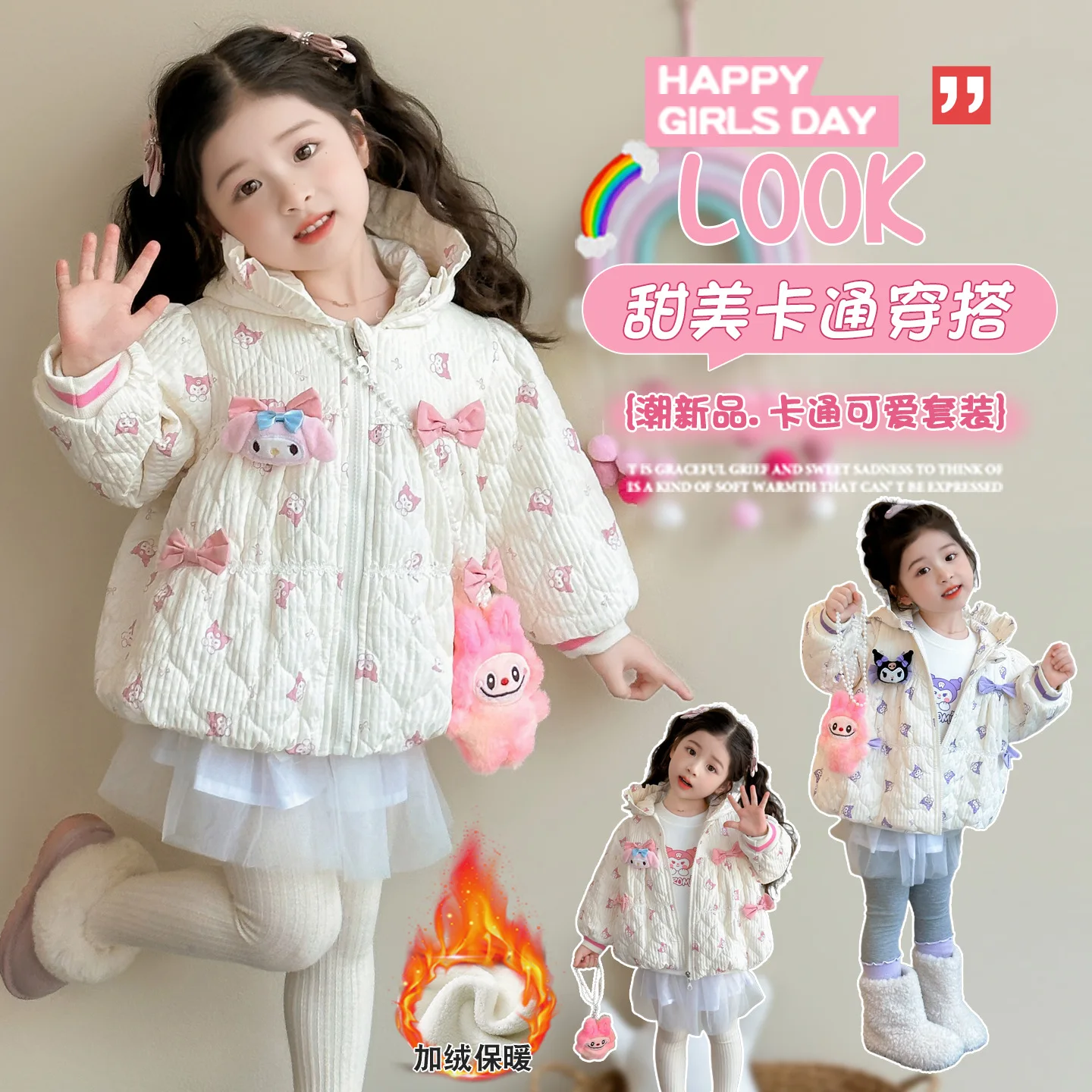 

Girls' Coats Sanrio 2025 New Style Children's Winter Hooded Tops Girls Kuromi Melody Velvet Coat Bow Lace Printed Cartoon Coat