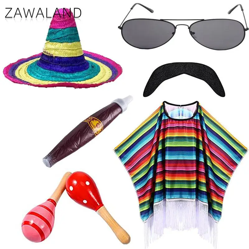 Kid Adult Mexican Costume Colorful Cloak Poncho Sombrero Hat Sunglasses Striped Cape Adults Stage Performance Carnival Party