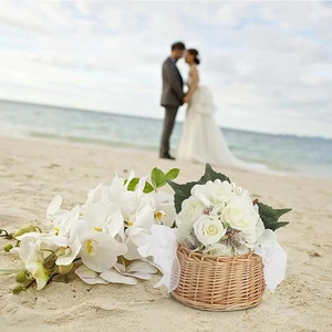 Vime Rattan Flower Basket with Pearl Handle and Bow, Hand Fabric Easter Basket for Weddings, Brown, One 10 Main Sales Baskets of Vime and Straw - №7