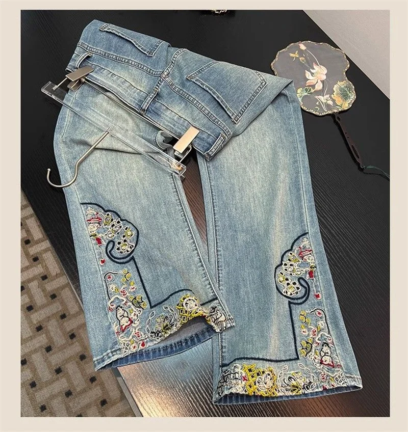 Casual Age Reducing Embroidered Wide Leg Jeans for Women 2025 Summer New Style High Waist, Slim and Versatile Straight Pants