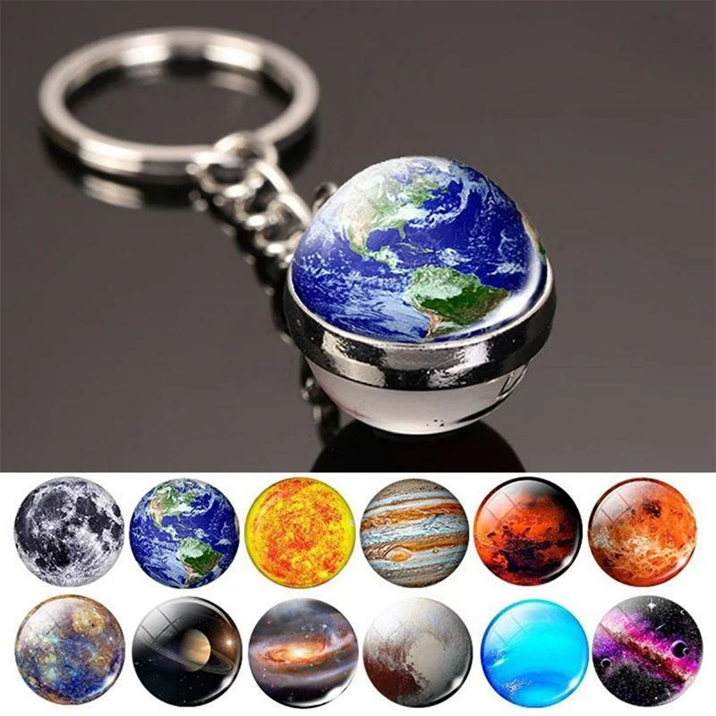 Noter New Planet Keychain Men Women Metal Bag Pendant Keyring Galaxy Nebula Earth Mars Saturn Double Sided Glass Ball Keyholder