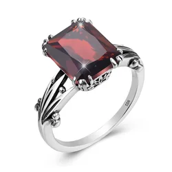 Vintage Garnet Rings For Women 925 Sterling Silver Square Gemstone Ring Anniversary Wedding Engagement Jewelry Wife Gift