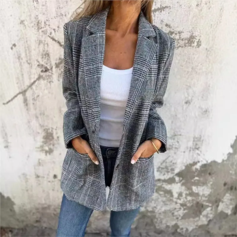 

Fashion plaid lapel pocket double breasted Long Sleeve suit jacket for spring and autumn women's casual and versatile jacket