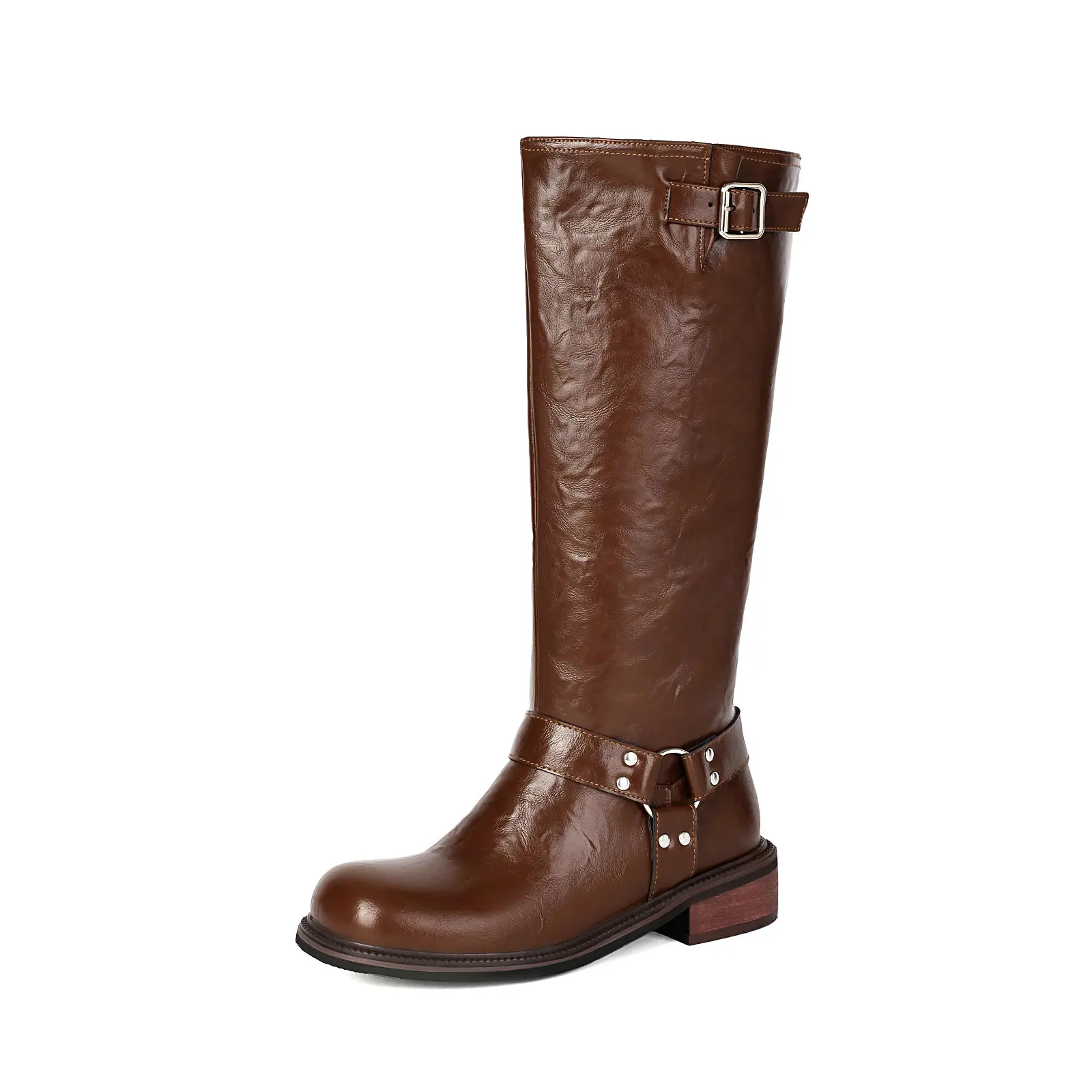 

Women's Chunky Heel Knee High Boots with Buckle round Toe Slip-On Vintage Footwear for Rodeo Country Music Vacations And Streets