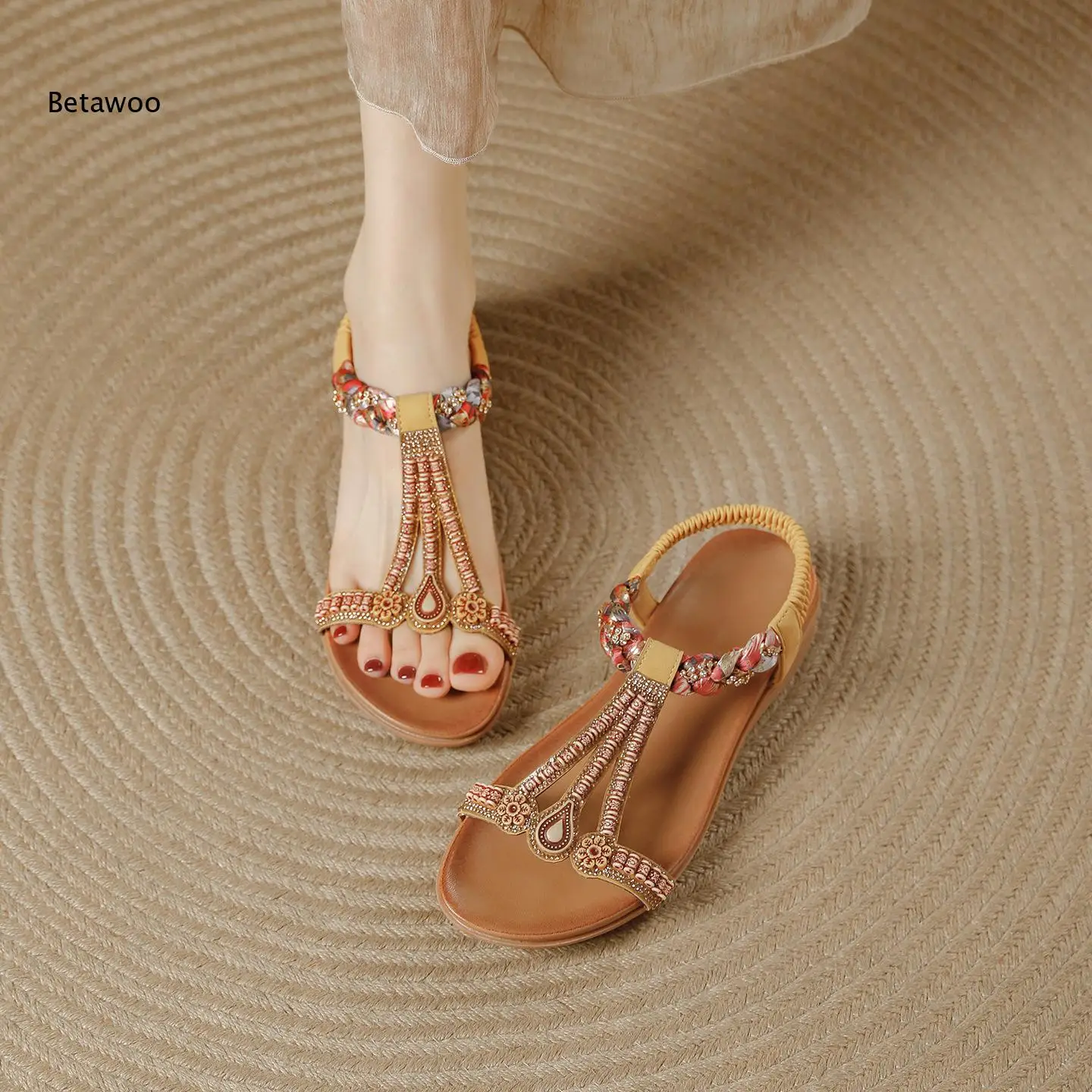 Sandalias Planas Versátiles Estilo Boho para Mujer, Calzado Casual de Verano, Sandalias de Punta Descubierta, Cómodas para Vacaciones