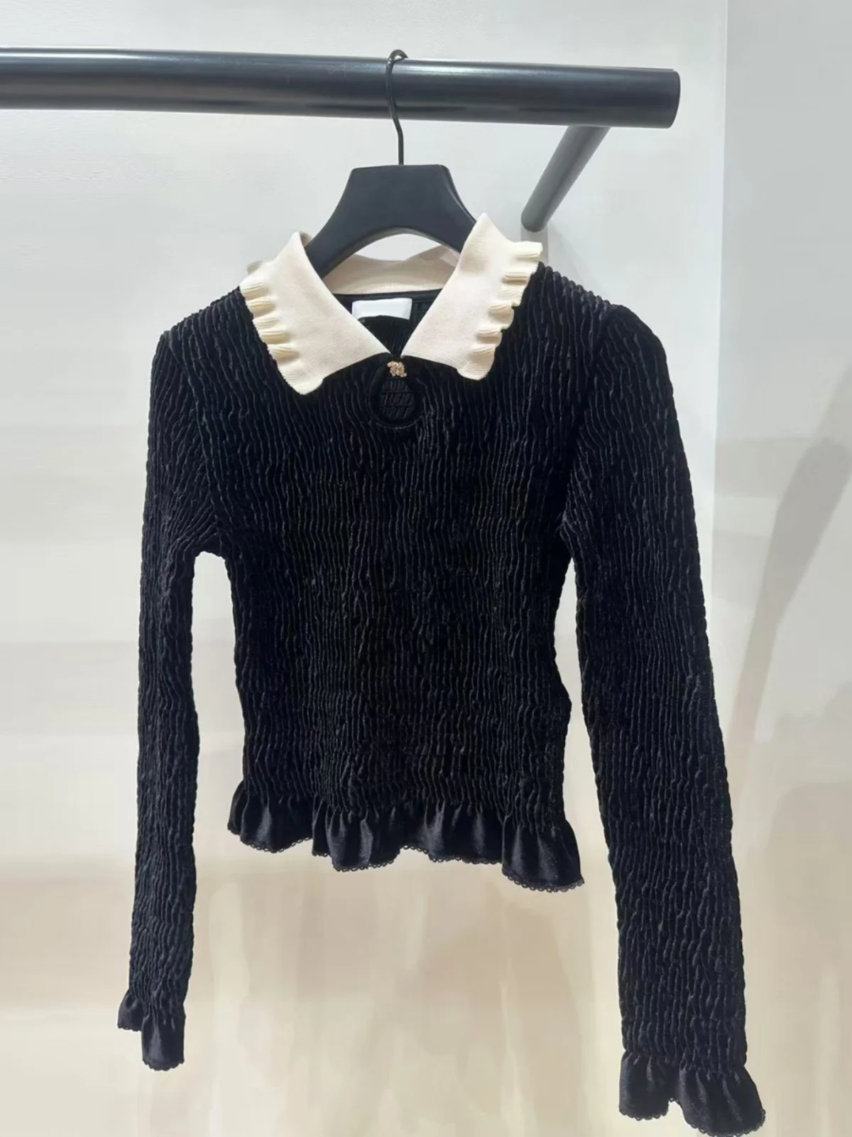 

Женская вельветовая блузка Ele Velvet с воротником-стойкой, кружевной отделкой и цветочным узором, простой мягкий вязаный топ для повседневной носки