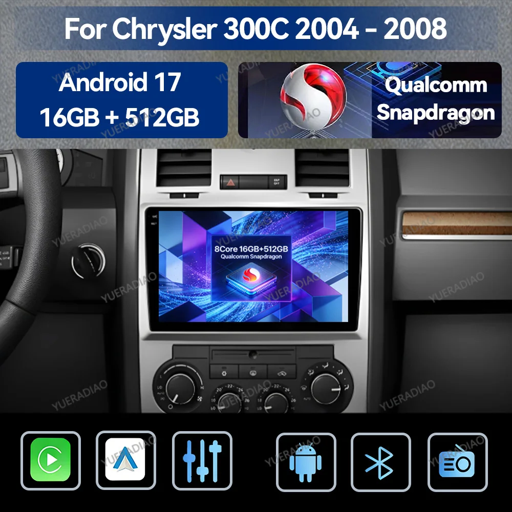 Android 17 Carplay Auto pour Chrysler 300C Aspen 2004 2005 2006 2007 2008 Autoradio Lecteur Multimédia Vidéo NAVI GPS WIFI 4G QLED