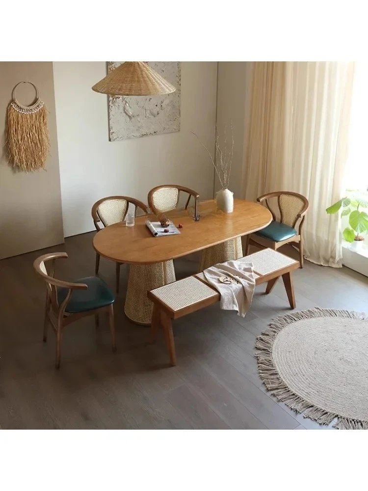 xzqSolid Wood Dining Tables and Chairs Set Vintage Bed & Breakfast Customized Dining Table Restaurant Oval Ash Wood Rattan Table