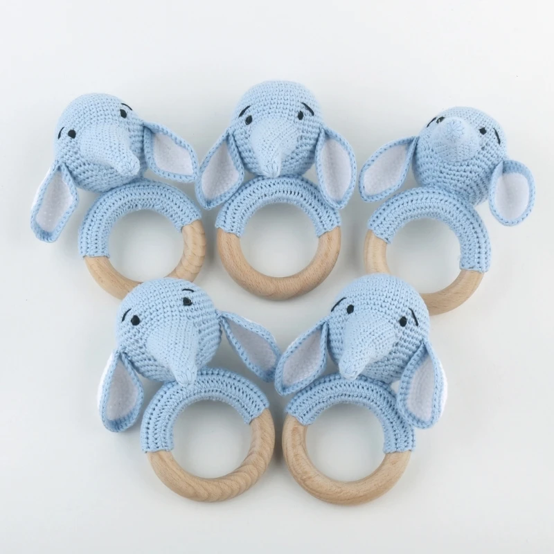 BPA-free Crochet Baby Teether kawaii Cartoon Animal Newborn Rattle Toys Wooden Ring Baby Molar Teething Teether Educational Toy