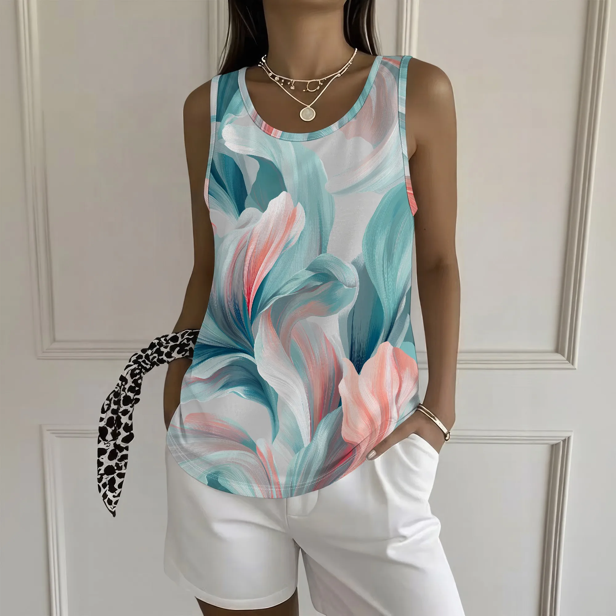 Floral Tank Top, Abstract Flower Print Sleeveless Shirt, Summer Casual Tee, Vacation Beach Wear, S-2XL