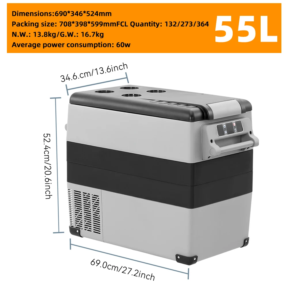 Podofo 35L 45L 55L Tragbarer Auto-Kompressor-Kühlschrank mit LED-Anzeige, geräuscharm, 12V 24V DC-Kühler für Camping und Reisen im Freien