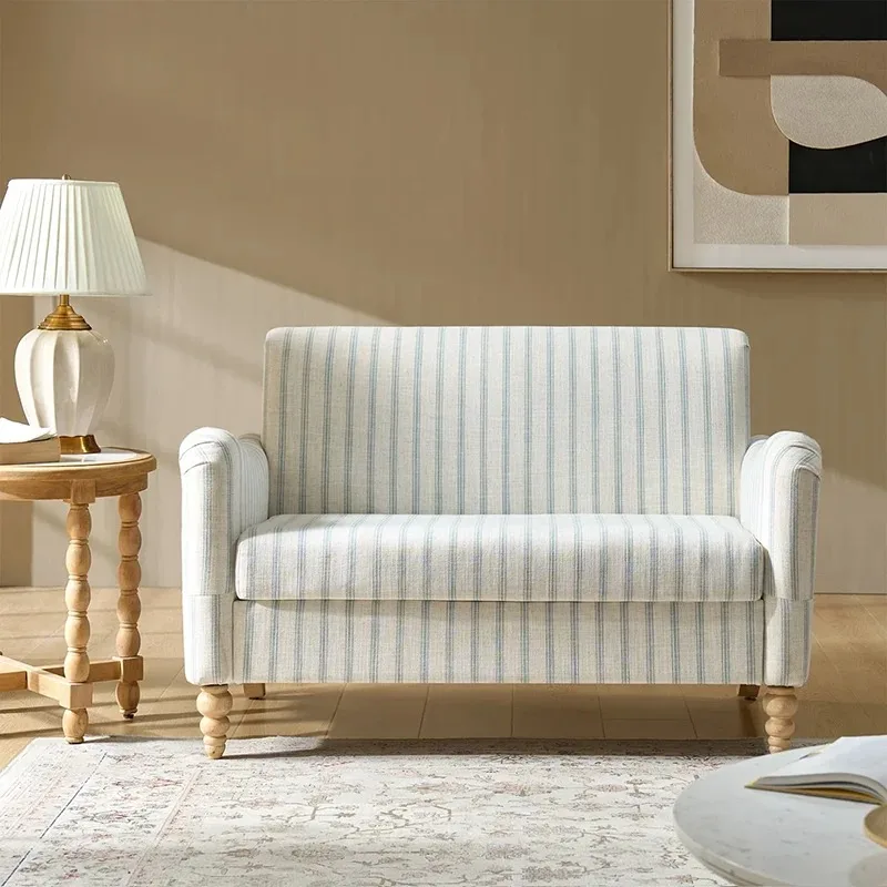 # Simple Light Coastal Style Scroll Arm 2 Seater Upholstered Striped Linen Sofa Living Room Bedroom Furniture