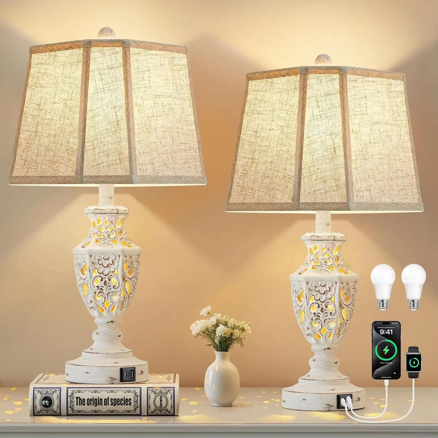 

Set of 2 Farmhouse Bedside Lamps with USB A+C Charging Ports, Nightlight, and LED Bulbs Included