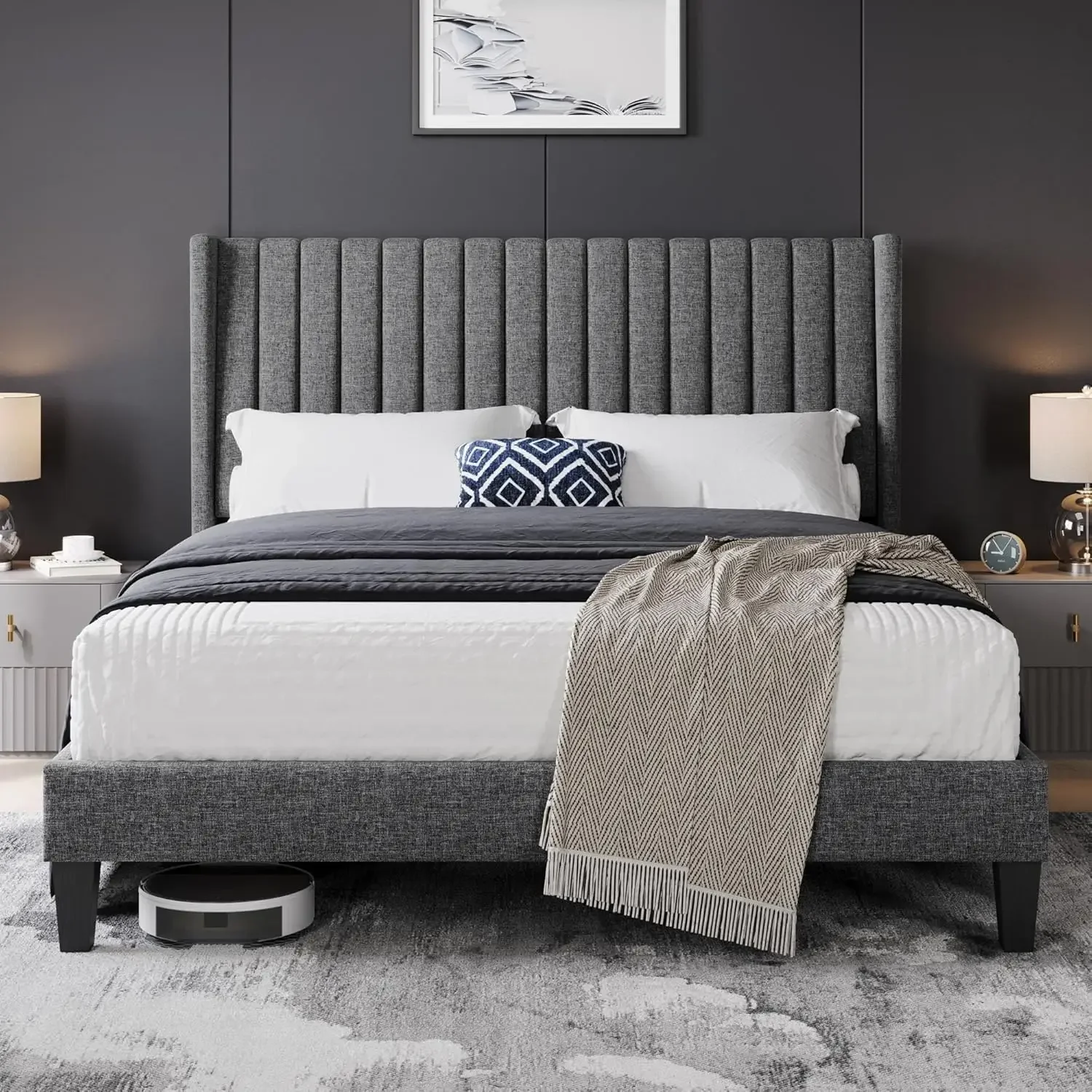 Queen Bed Frame Upholstered Platform Bed with Fabric Headboard, Wing Edge Design/Non-Slip and Noise-Free/Wooden Slats