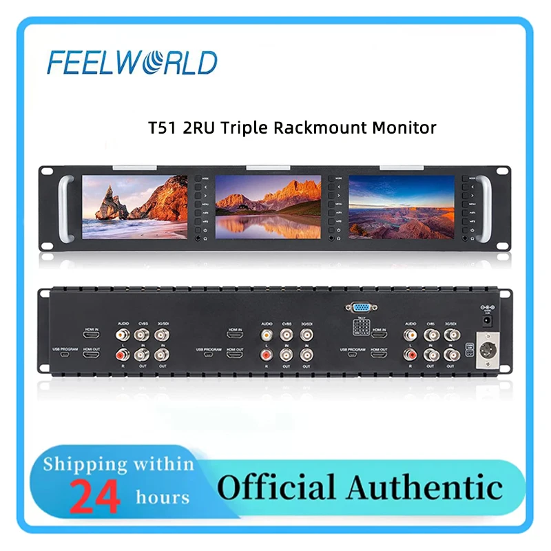 FEELWORLD T51 2RU Triple Rackmount Monitor,3×5 Inch LCD 800×480,3G‑SDI HDMI AV I/O for Broadcast Studio Live Production