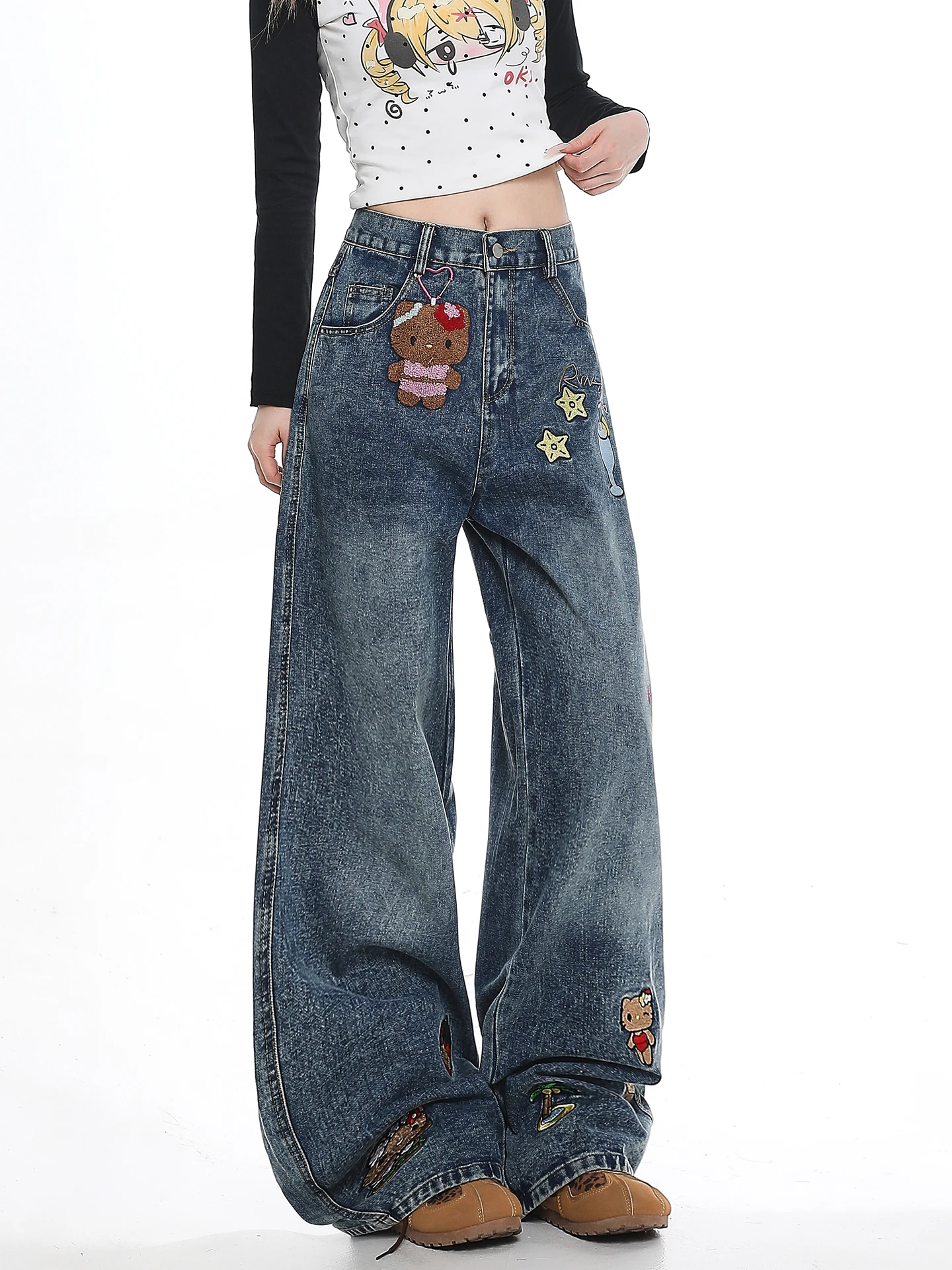 American Style Cartoon Embroidery Jeans Women's Loose Slim Straight Leg Floor-Length Pants Casual Natural Waist Cotton Zipper