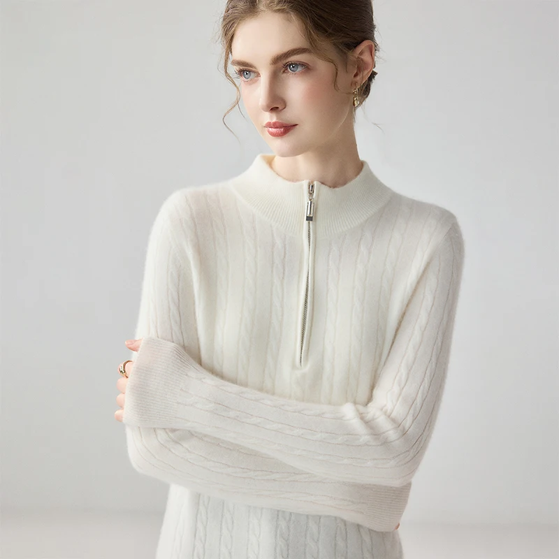 Autumn Winter Women's 100%Cashmere Sweater Pullover Half-Zip Stand Collar Cable Twist Knit Timeless Classic Long Sleeve Knit Top