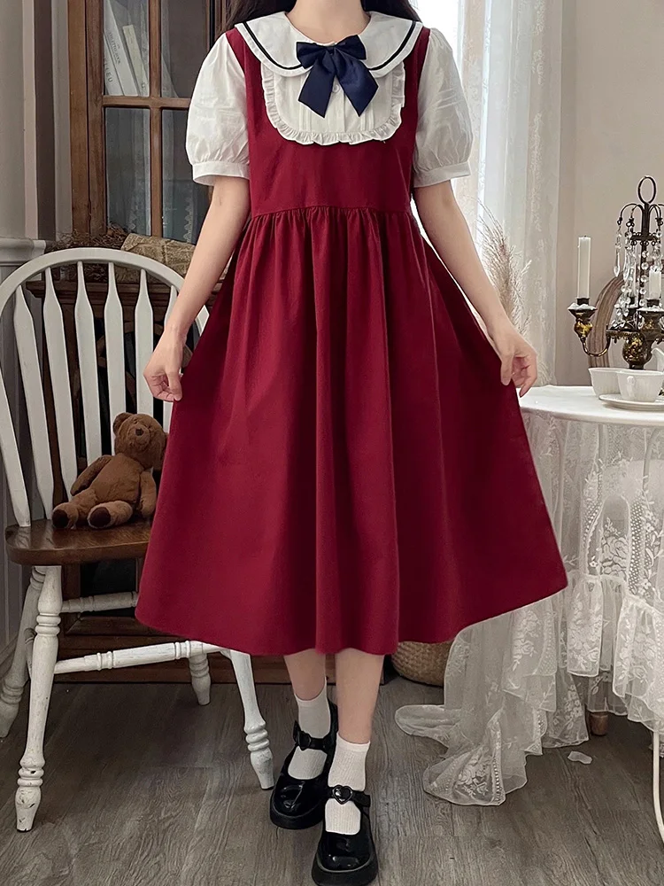 Summer Mori Girl Style Fake Two Pieces Dress Cute Bow Peter Pan Collar Princess Short Sleeve Sweetheart Knee-Length Women Dress