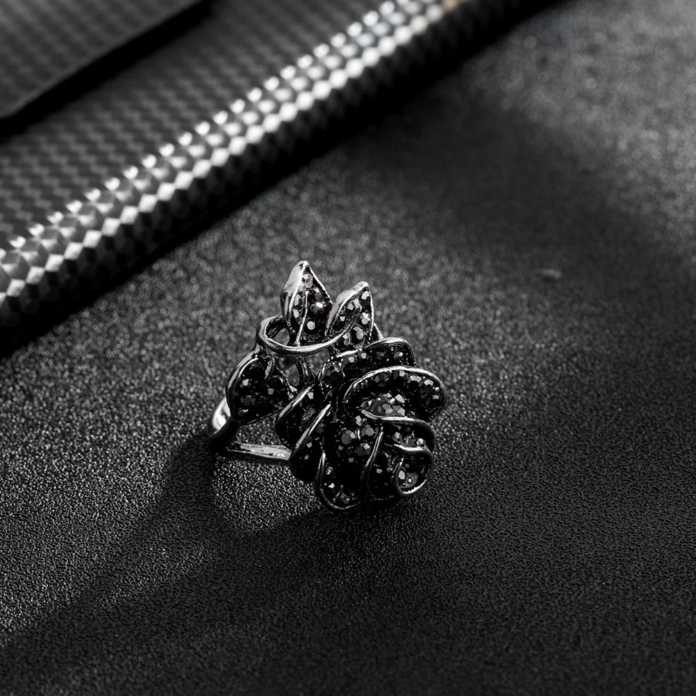 1pc Black Rose Ring Vintage Multilayer Rose Petals Ring For Women Silver Size 7 Fashion Jewelry Gift