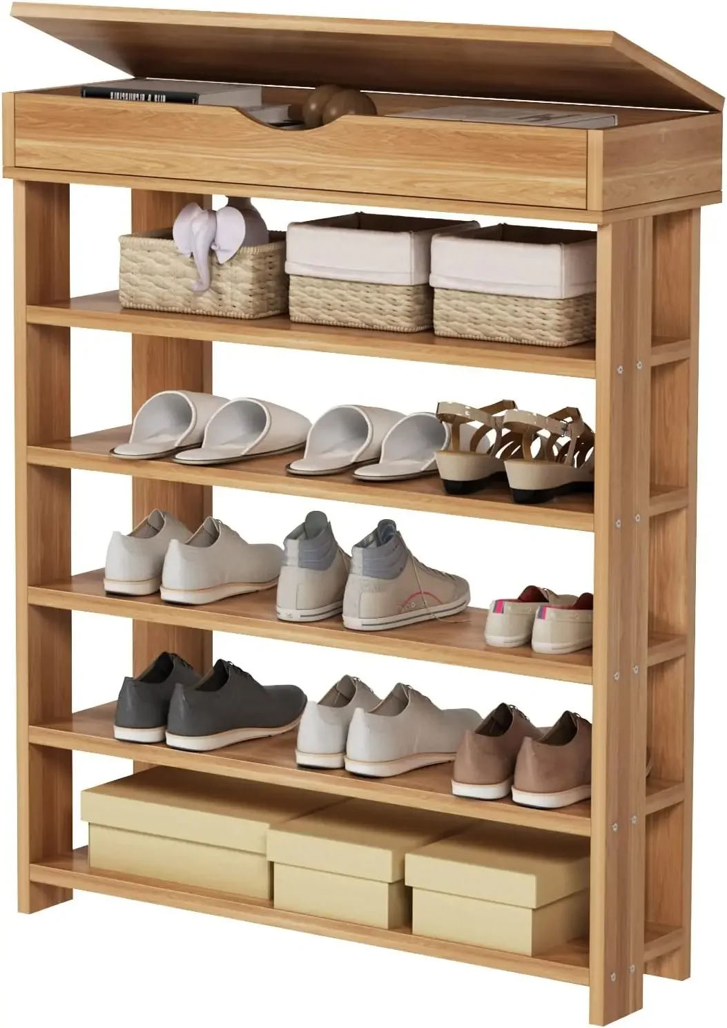 5 Tiers Shoe Racks Wood Shoe Storage Shelf Shoes Organizers 29.5inch Shoes Racks for Entryway, with Flip Top Storage, Teak