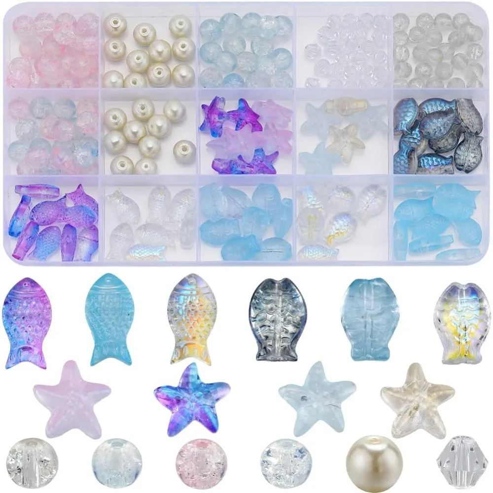 

1 Box 250Pcs Style Summer Ocean Glass Beads Bulk Blue Fish Double Sided Purple Starfish Bicone Beads 6mm 8mm Imitation