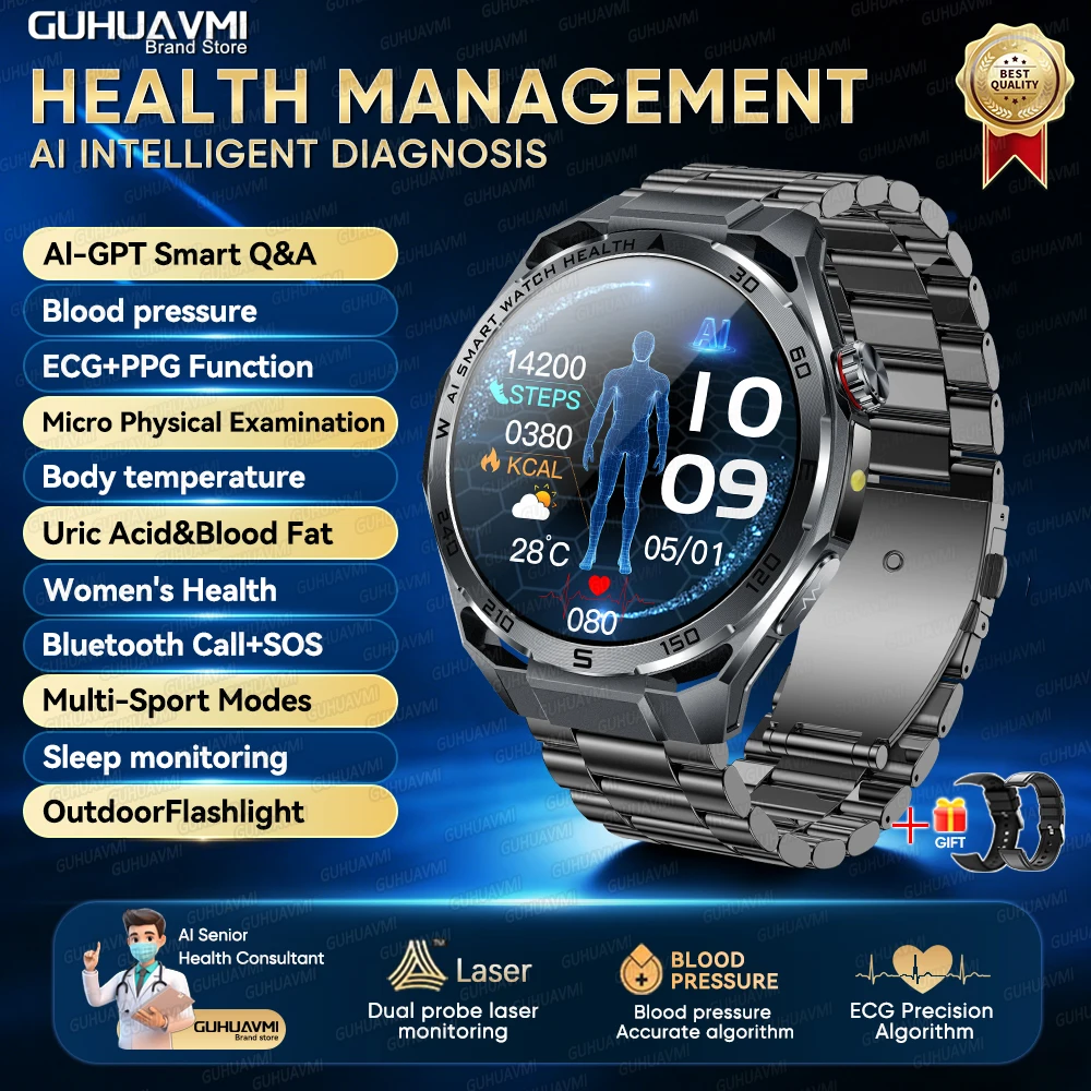 2026 AI Gezondheidsdiagnose ECG+PPG SmartWatch Mannen Bloeddruk Lipiden Urinezuur Hartanalyse 1,53-inch Bluetooth-oproep Smartwatch