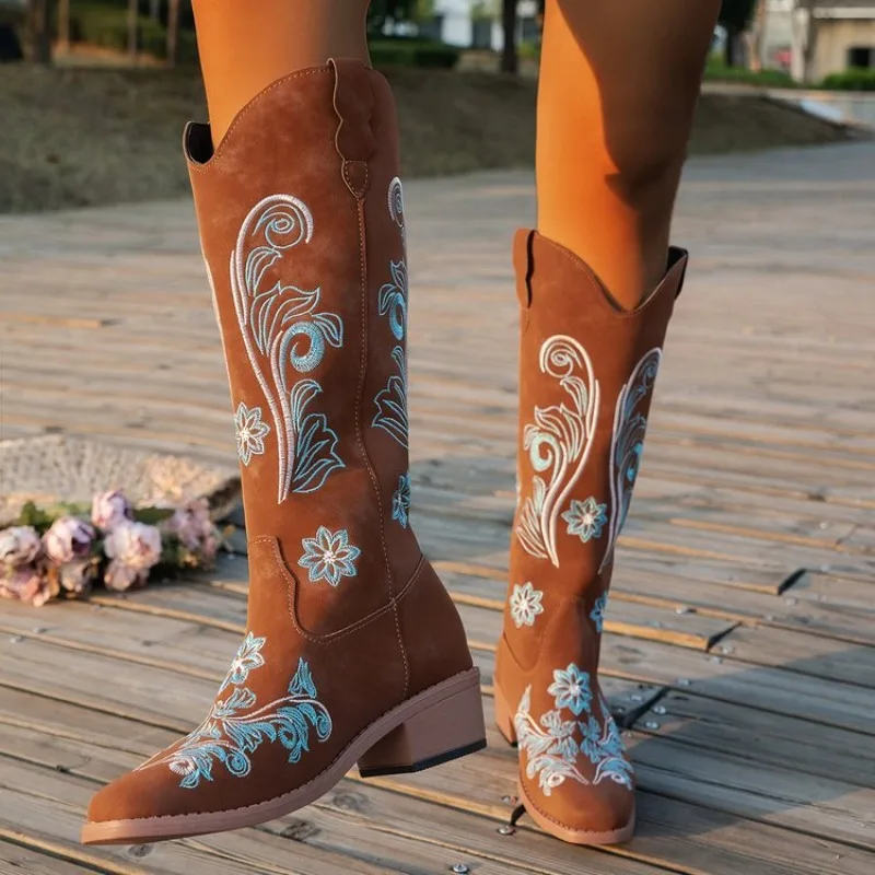 Womens Knee-high Boots Retro Embroidered Western Cowboy Boots for Women Pointed High Heeled Leather Booties Fashion Knight Botas