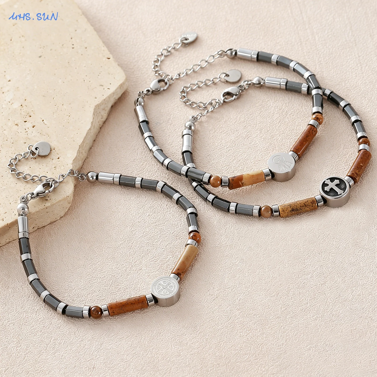 MHS.SUN Adjustable Stainless Steel Chain Bracelets Cross Charms Natural Stone Beaded Bracelet Jewelry Gift for Women Men