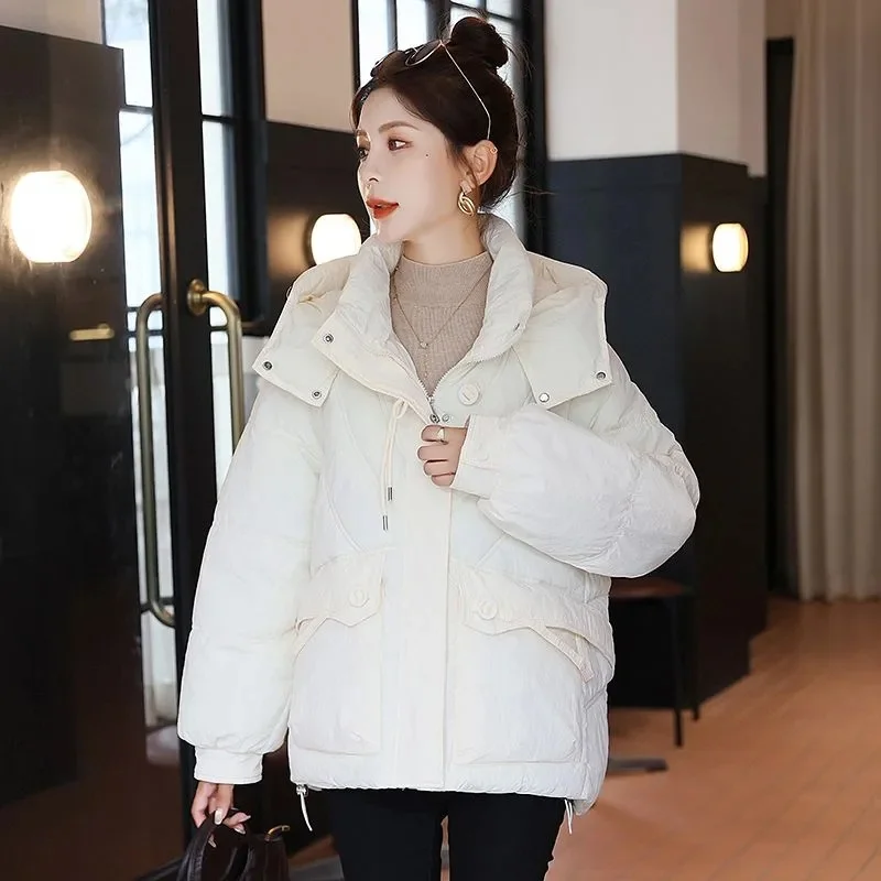 Damska kurtka puchowa na jesień i zimę 2025, lekka, z kapturem, luźna, ciepła parka, odzież wierzchnia.