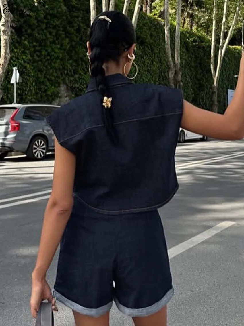 Oymimi модный темно-синий комплект из двух предметов, женские элегантные укороченные топы без рукавов с лацканами и карманами на пуговицах со средней талией, женские комплекты