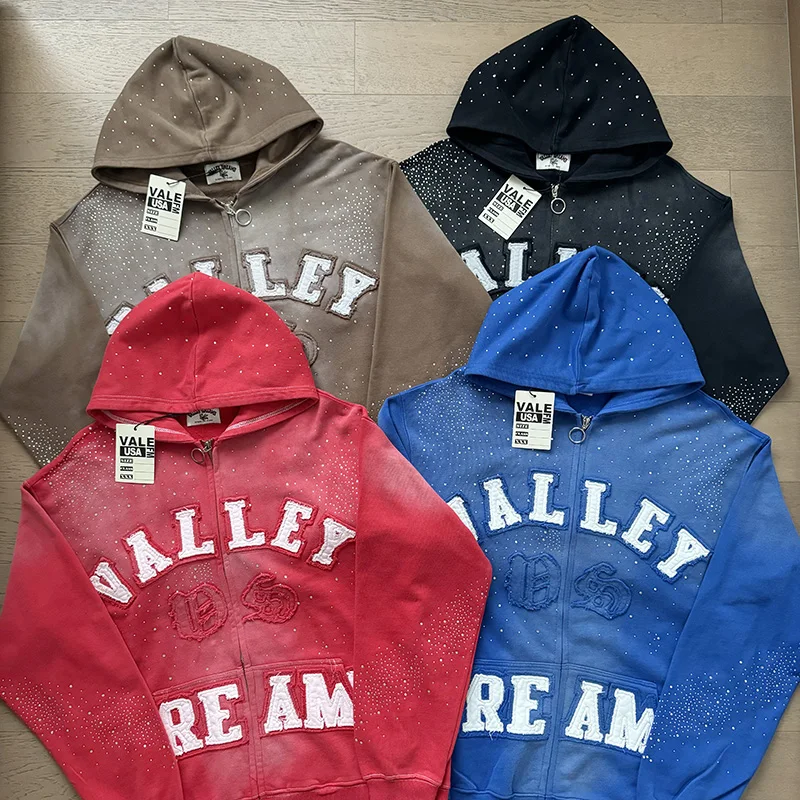 American Retro Vintage Men Women VALLEY Casual Shorts New Street Trend Hip Hop Rhinestone Elastic Waist Five Quarter Shorts