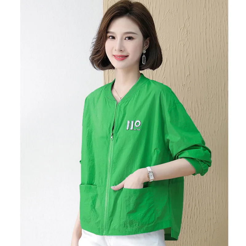 

Summer New thin Sunscreen Women's Coat Short Soft Casual Zipper Cardigan Pocket Loose Comfortable Light Casual Solid Color Coat