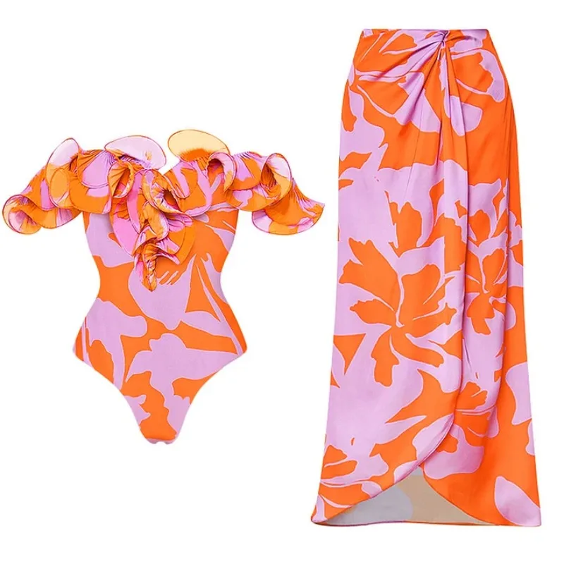 One Piece Swimsuit For Women European And American Swimwear Tube Top Ruffle Edge Printing One-piece Swimsuit Suit Women