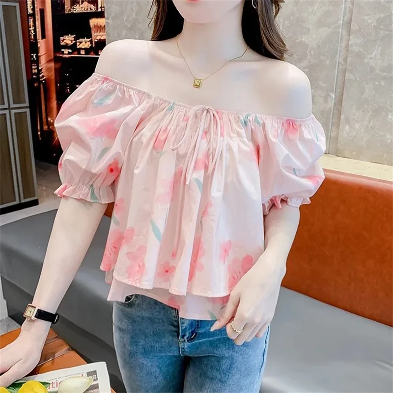 Summer Clothes French Floral Chiffon Shirt for Women Fashion Bandage Sheer Hollow Out Loose Short Sleeve Pullovers Blouses G2819