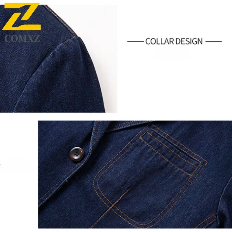 2025 Autumn  Vintage Denim Jacket Men's High Quality Luxury Cotton Blue V-neck Small Suit Coats Casual Business Loose Denim Coat