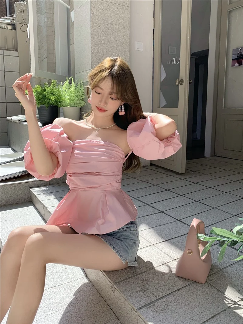 

Sexy Chic Sweet Spicy Tube Top irt Women's Summer High ade One oulder Design Sensual Clavicle Baring Long Sve Bubble...