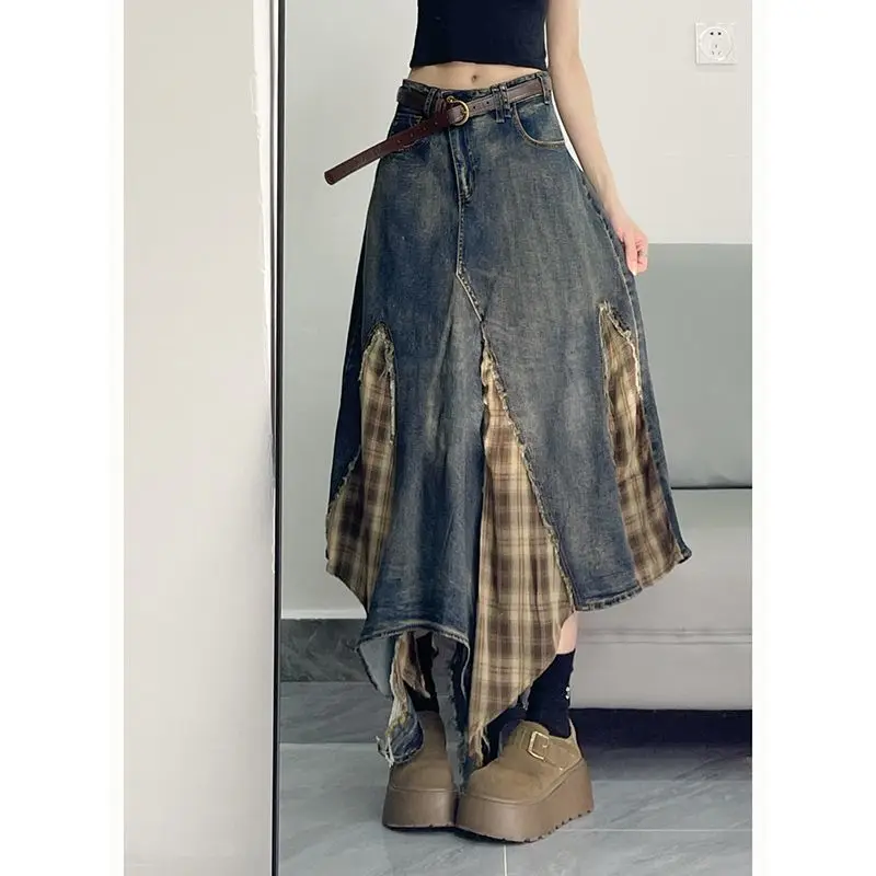 Irregular Patchwork Plaid Denim Skirt Women Do Old Gradient Overlay Waist Maxi Long Jeans Skirt Y2k Retro Streetwear