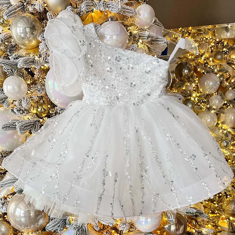 Vestidos de fiesta para niñas, elegantes, 2024, para bodas, cumpleaños, desfile, vestidos formales para bebés, vestidos de baile de tul con lentejuelas blancas infantiles