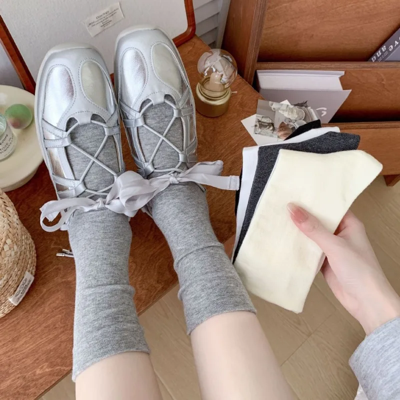Ins Trendy White Slouch Shoe Inserts 1 Pair, Women Full Cotton Japanese Style Seamless Long Mid‑Calf Shoe Liners, Loose Top