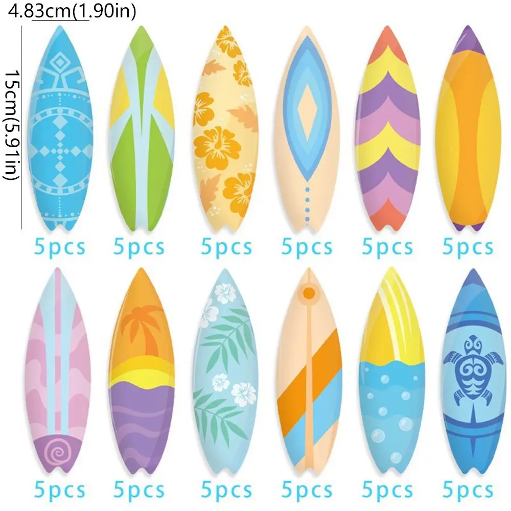 60pcs Summer Theme Hawaiian Surfboard Stickers Waterproof Removable Mini Surfboard Decorations Colorful Beach Party Decoration