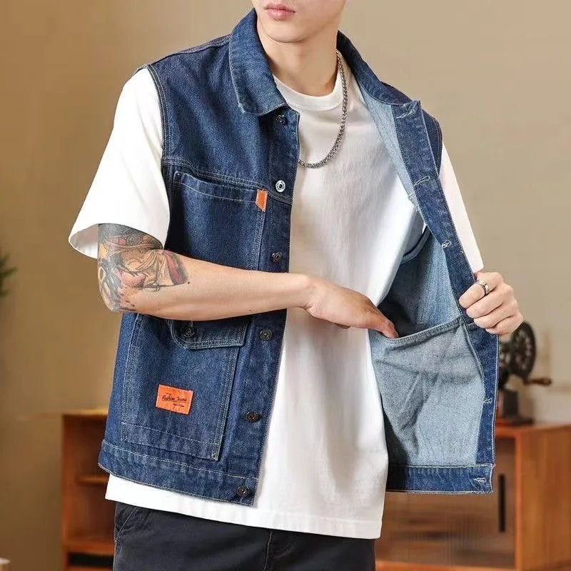 

Vintage Denim Vest Coat Multiple Pockets Sleeveless Cargo Jackets Spring Autumn Fashion Loose Waistcoat Cowboy Tank Tops