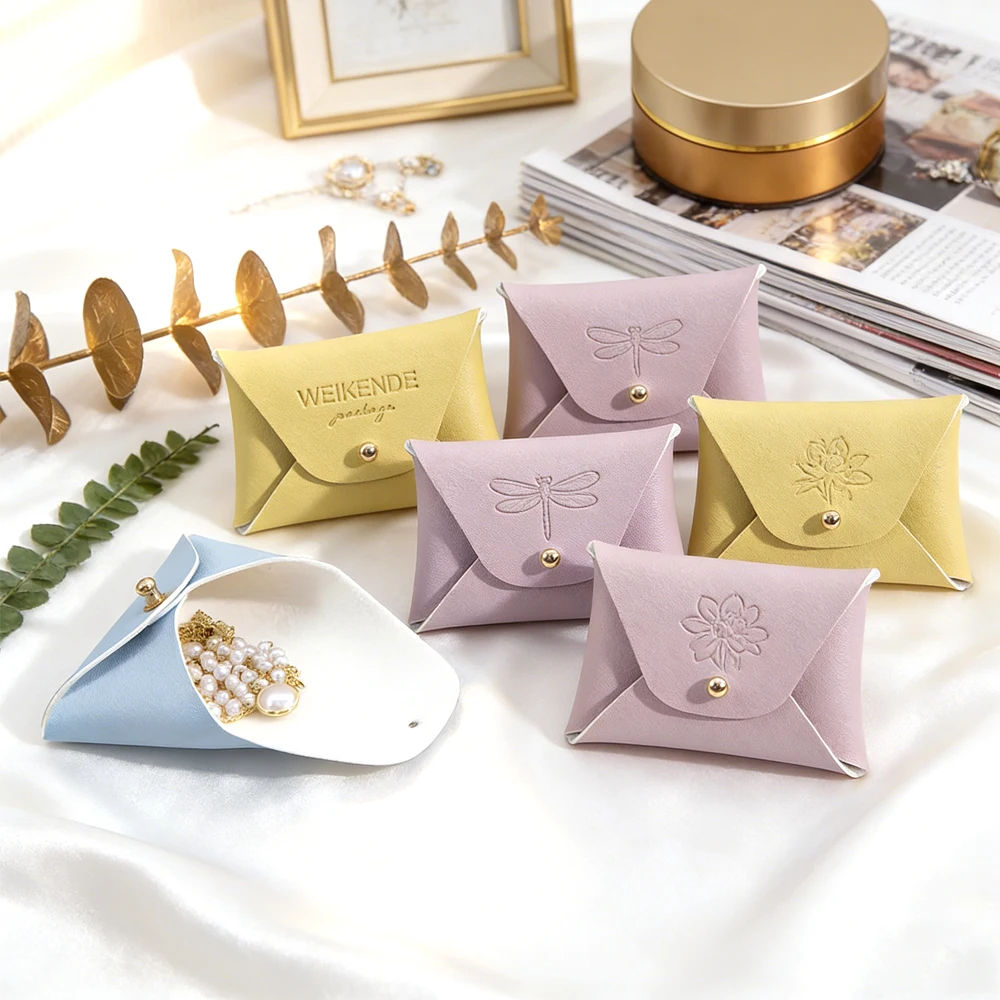 

50/100 шт. 7x5 см DIY-контейнеры из искусственной кожи для ювелирных изделий, складные мешочки для ожерелий, колец, серег, с застежкой-зажимом и заклепками