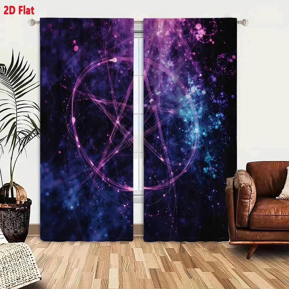 2Pcs Curtains 2D Flat Abstract Futuristic Digital Artwork Dark Starry Background Deep Purples Blues Semi-transparent Magenta Cir