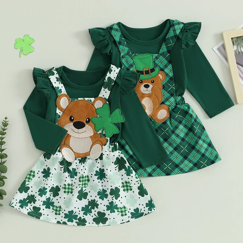 

2023-12-08 Lioraitiin Toddler Baby Girl Irish Outfits Long Sleeve Solid Romper + Bear Patch Clover Print Suspender Skirt Set