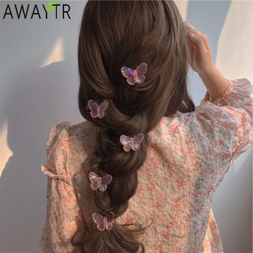 5pcs Girls Transparent Butterfly Pink Hairpin Children Fashion Heart-Shape Hair Clips Women Barrettes Headband Hair Accessories