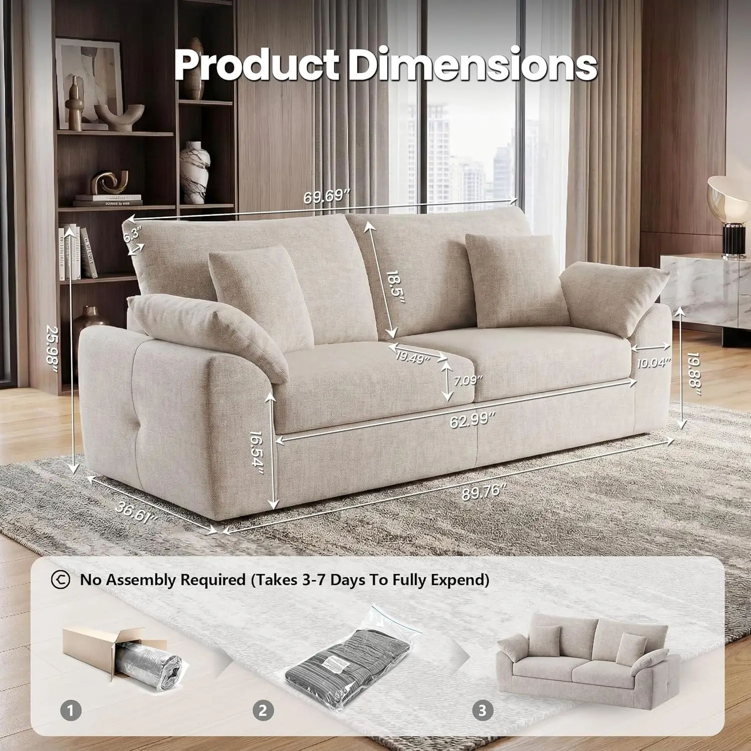 Modern Loveseat Sofa Mid Century Cloud Boneless 4 Pillows Small Living Room 89.8" No Assembly Camel Custom image 2