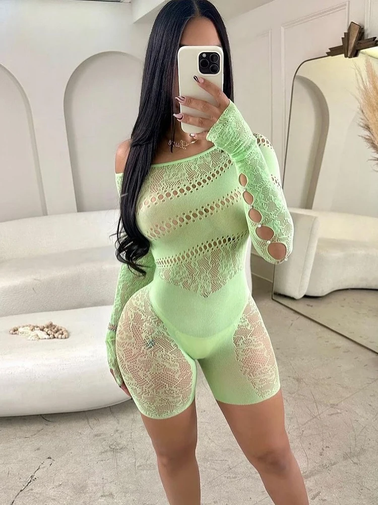Sibybo Off Shoulder Long Sleeve Playsuits For Women Party Clubwear High Stretch Hollow Out Rompers Sexy Sheer Shorts Jumpsuit