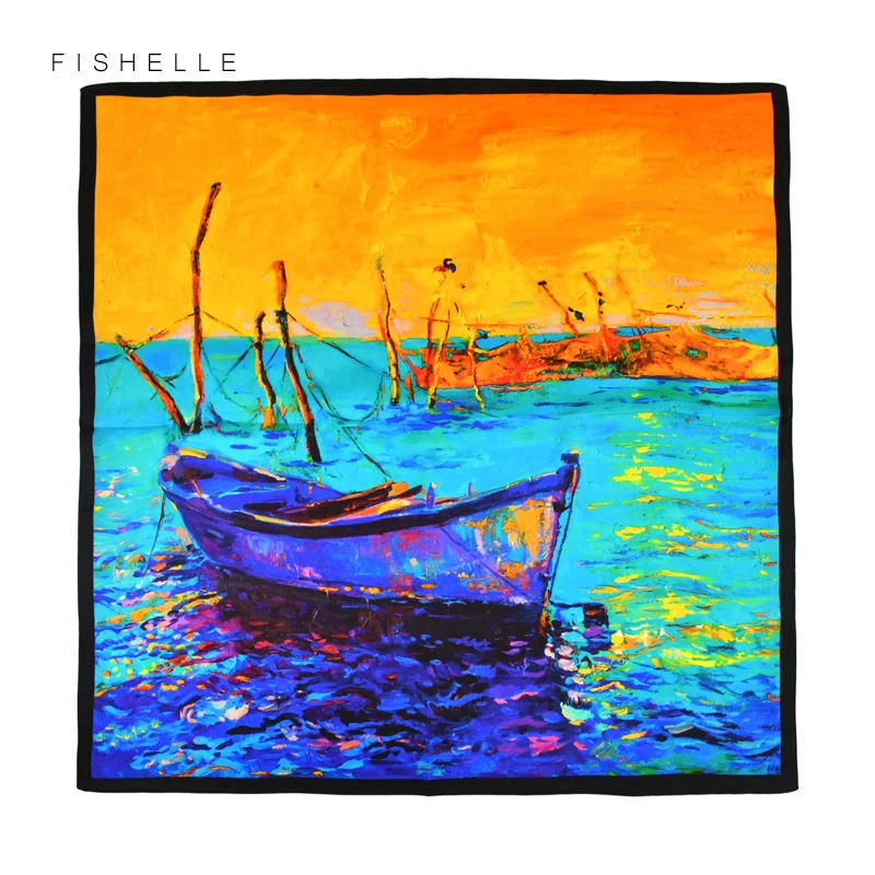 Blue and yellow oil painting natural silk scarves women real silk satin small square 50cm neck scarf thin hijab ladies spring