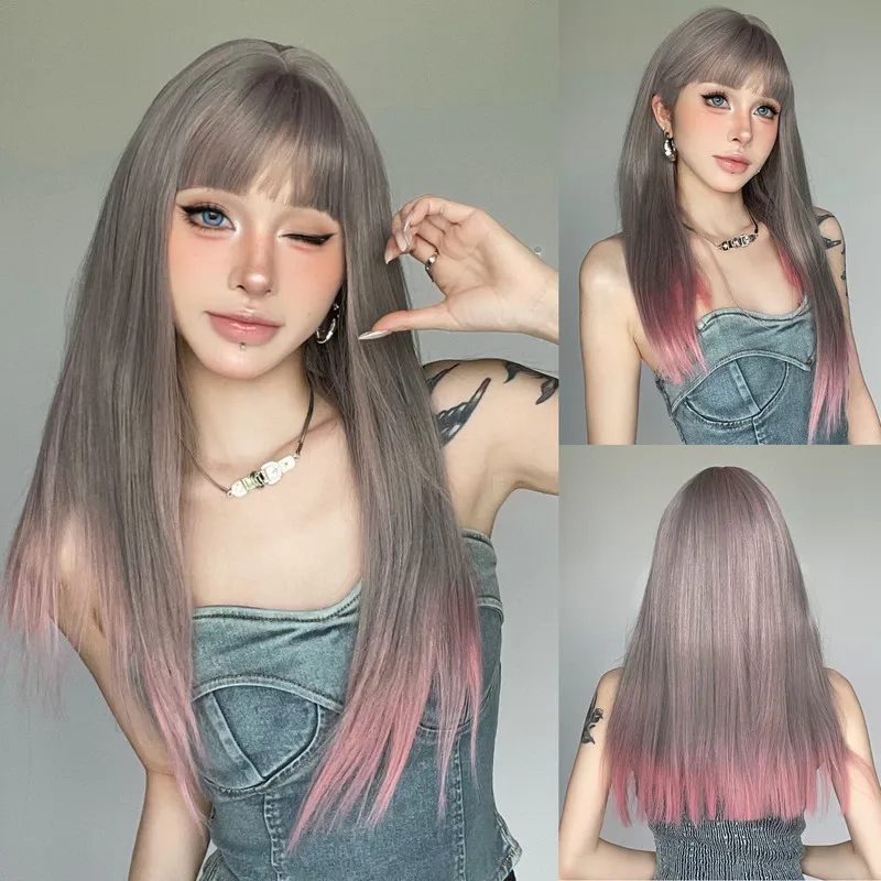 Women's full , gray to pink gradient with bangs, medium-length straight hair wig